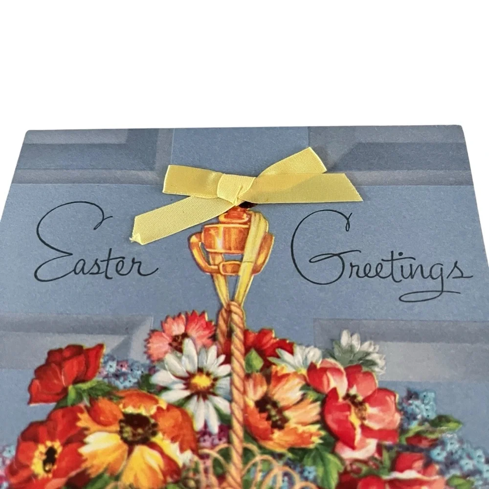 Unused Vintage Easter Greeting Card Basket of Flowers Ribbon Bow Quaint Shop